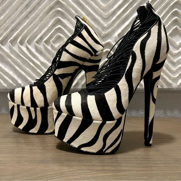 NEW London Trash Leather  Black White Zebra Fur Platform Stiletto Heel 7 - Picture 9 of 12